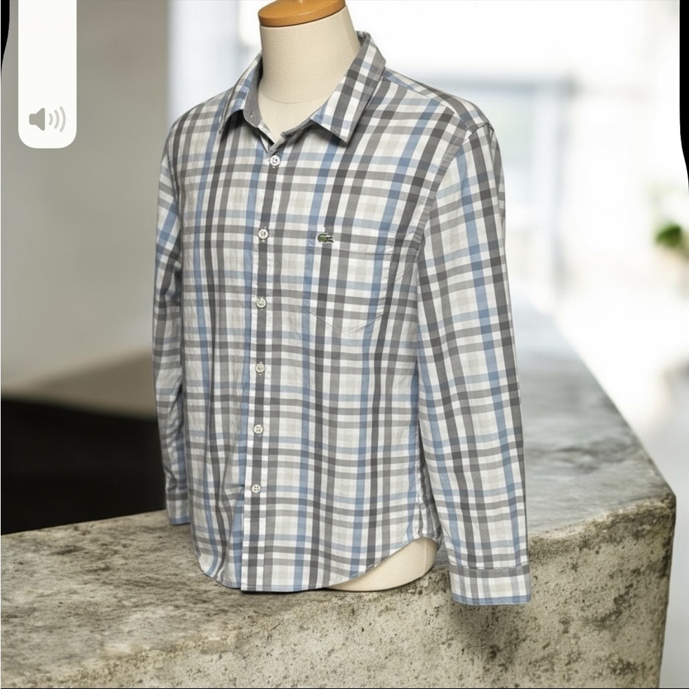 Lacoste Men's Blue Gray checkered long sleeve Shirt size‎ 40